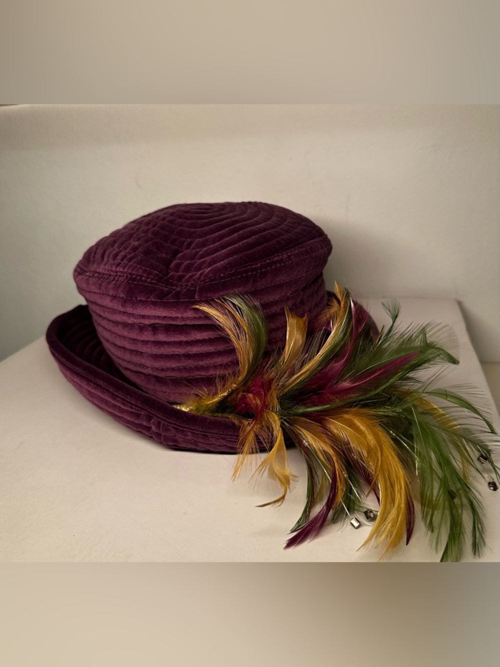 Plum Velvet Women's Hat with Feather Trim